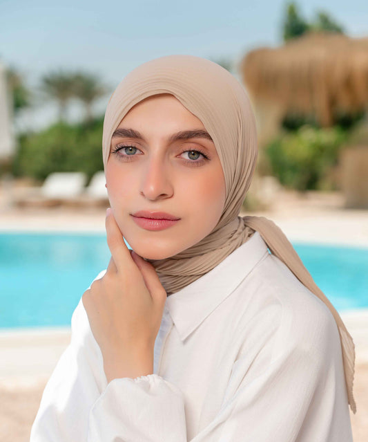 Pleated Chiffon Square Scarf - Tan Beige