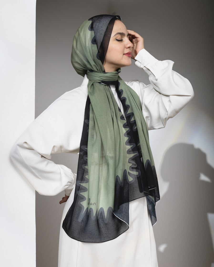 Wavy Line Cotton Scarf – Light Olive