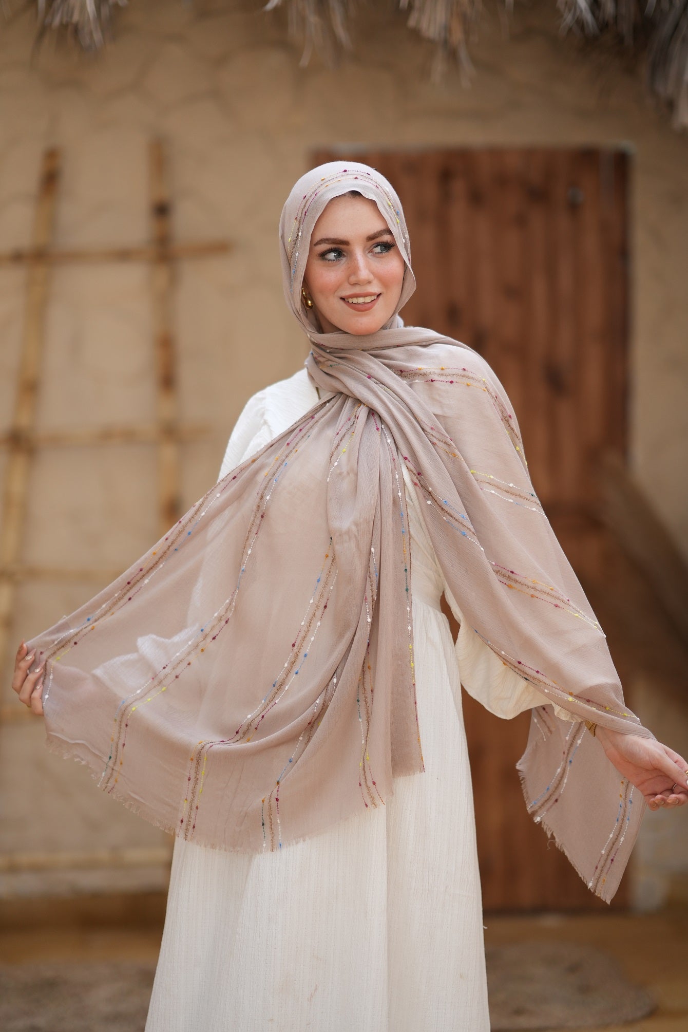 Embroider Linen Scarf - Bone Beige