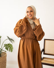 Linen Cardigan with Ribbon - Camel