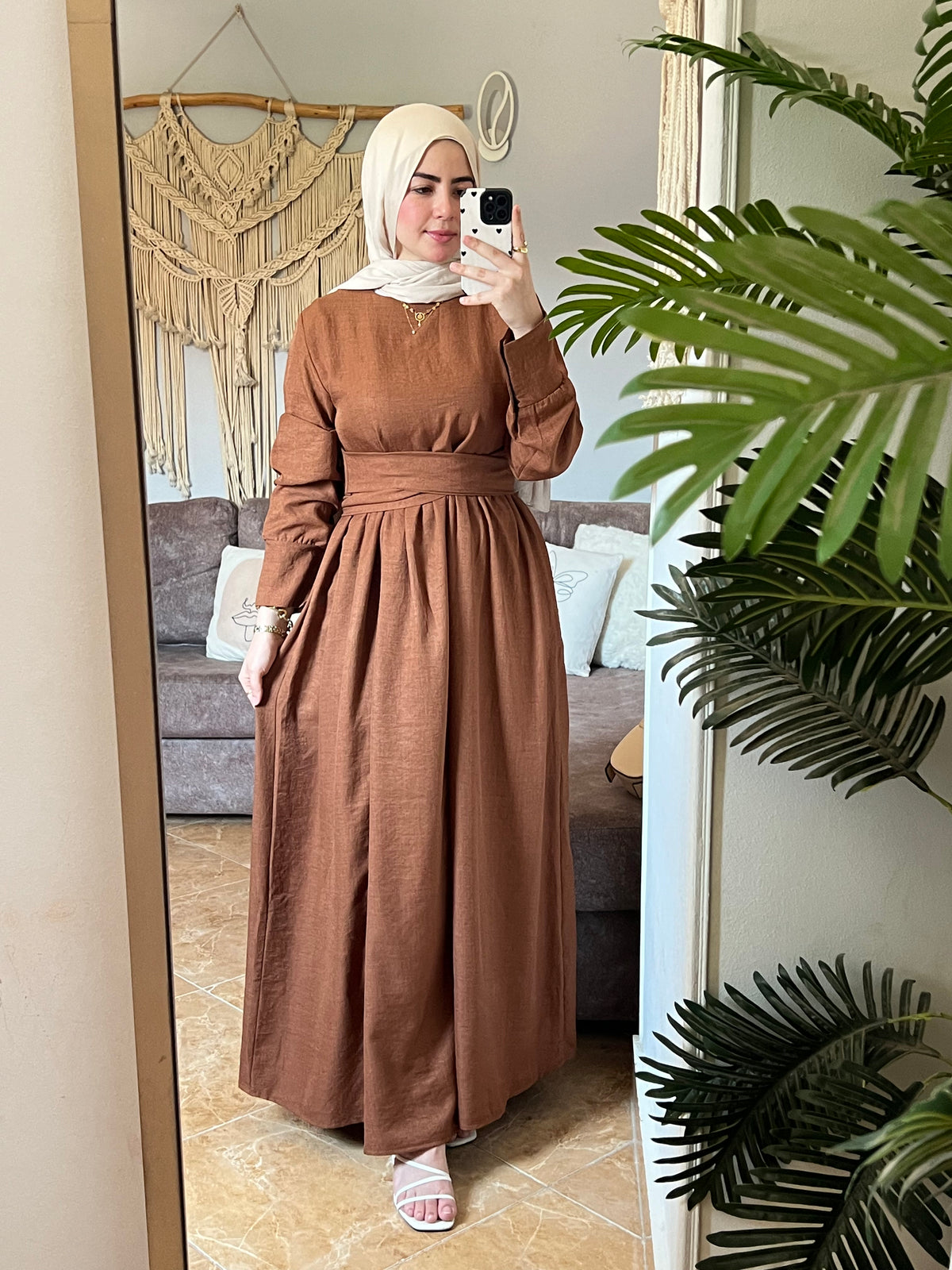 Linen Dress with Ribbon - Brown