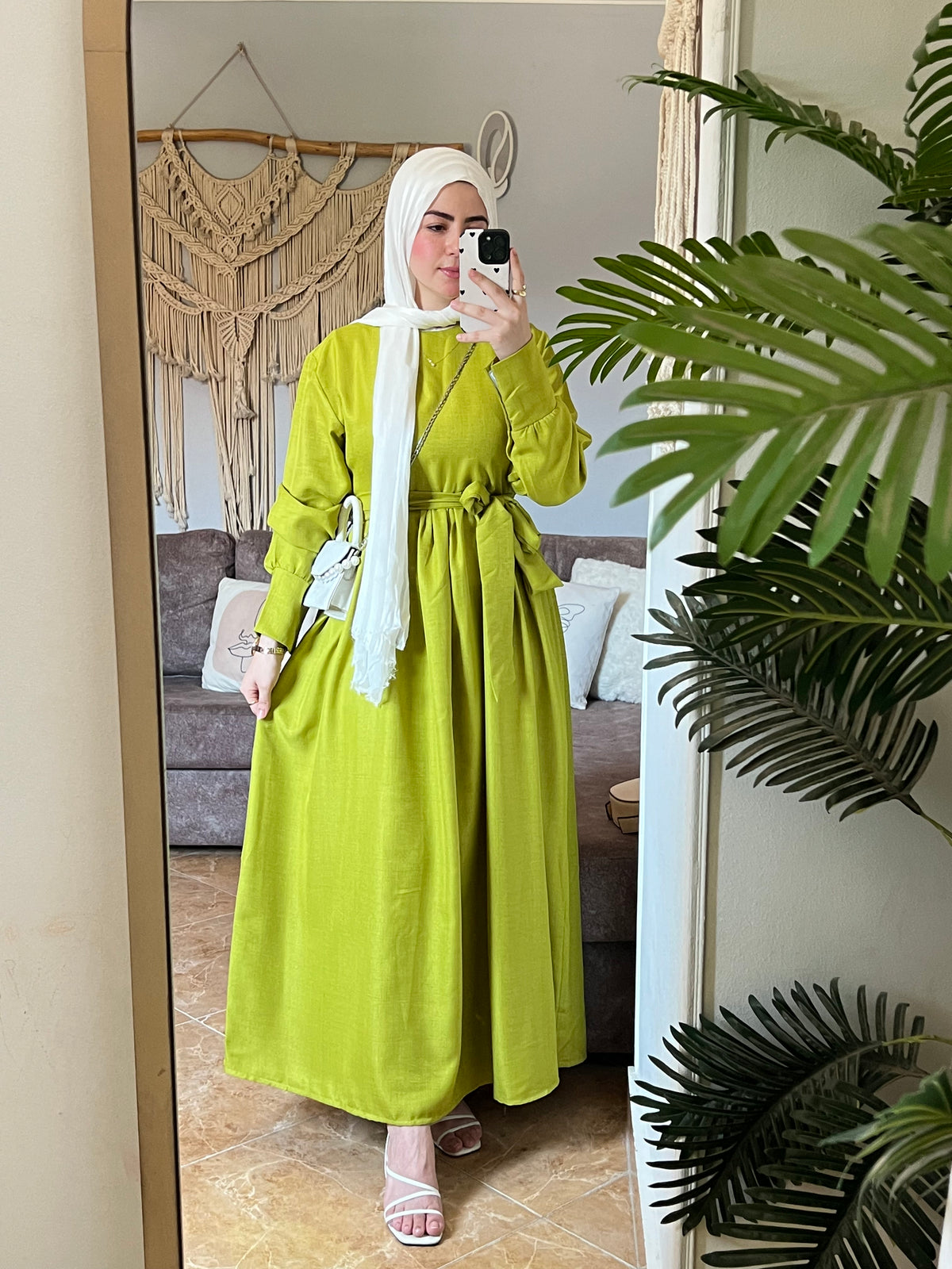 Linen Dress with Ribbon - Lime