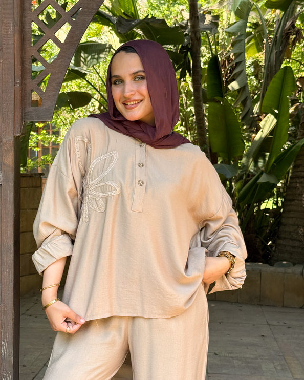 Embroidered Flower Linen Set