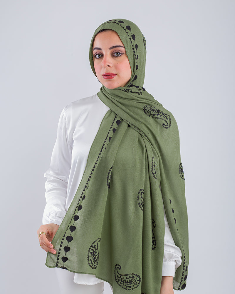 Embroider Modal Scarf – Olive