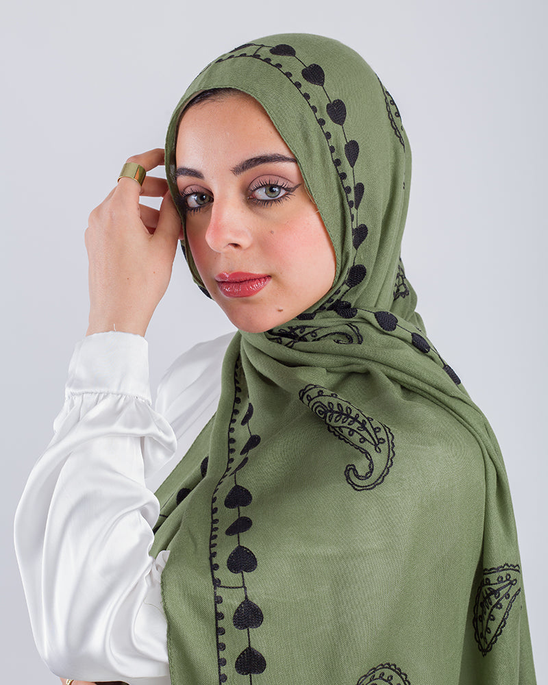 Embroider Modal Scarf – Olive