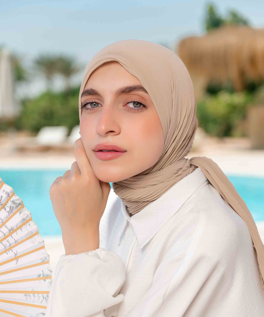 Pleated Chiffon Square Scarf - Tan Beige